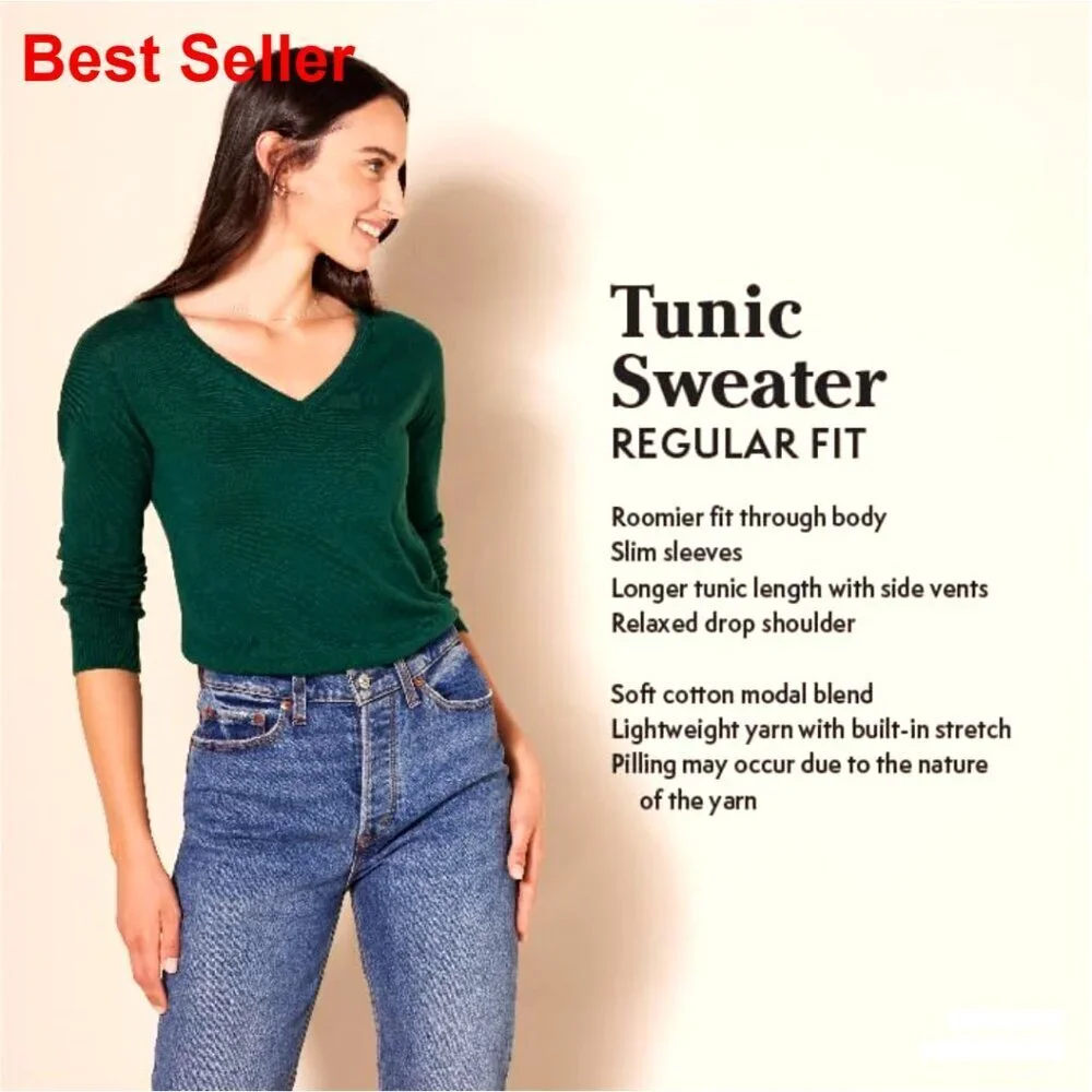 Lightweight Long Sleeve V-Neck Tunic Sweater, Plus Size, Cotton Blend